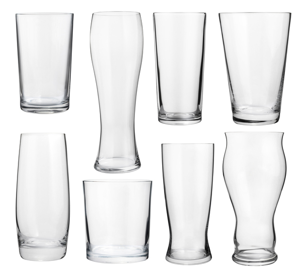 A variety of glass cups against a white background